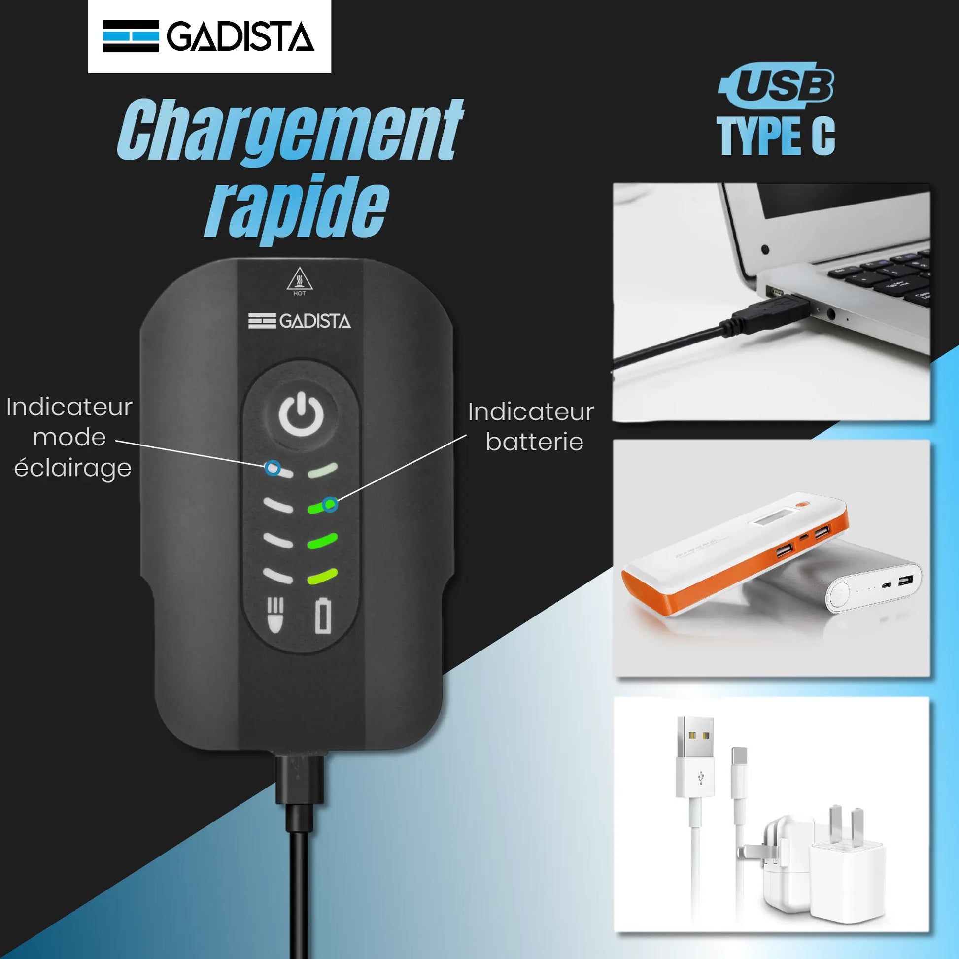 Lumiere Velo Avant et Arriere 2en1, Lampe Velo LED puissantes Rechargeable USB GADISTA