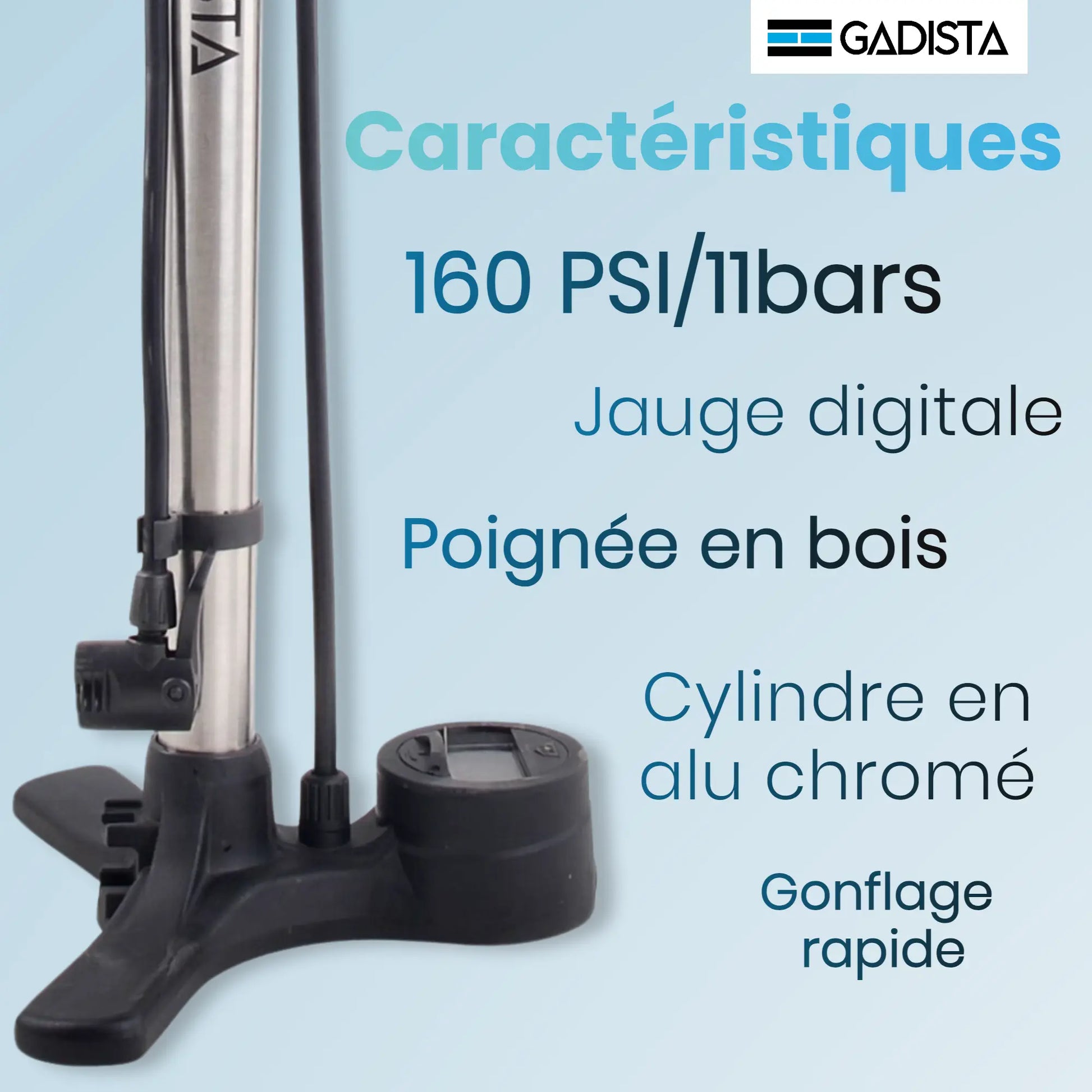 Pompe vélo manomètre digitale 160 PSI GADISTA