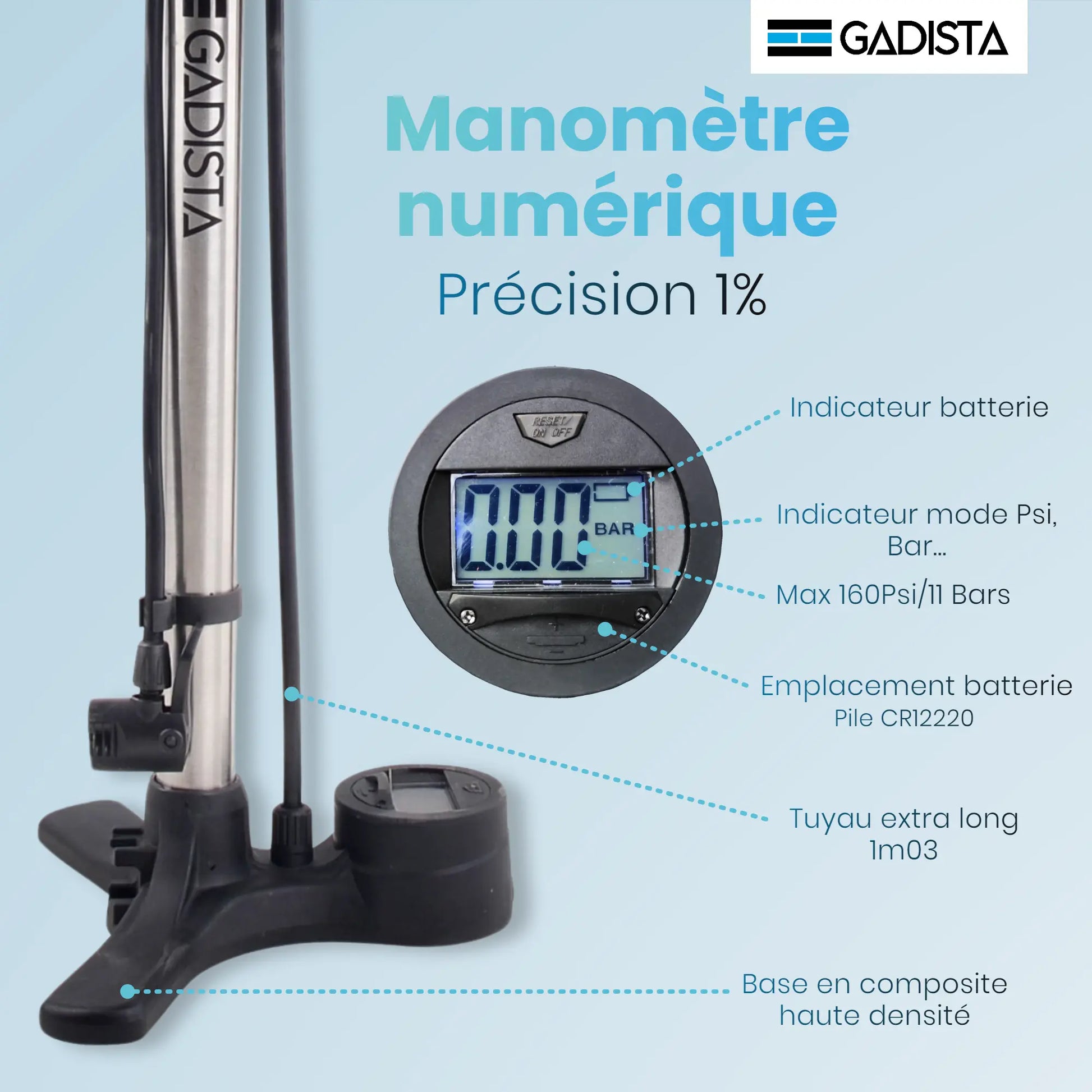 Pompe vélo manomètre digitale 160 PSI GADISTA
