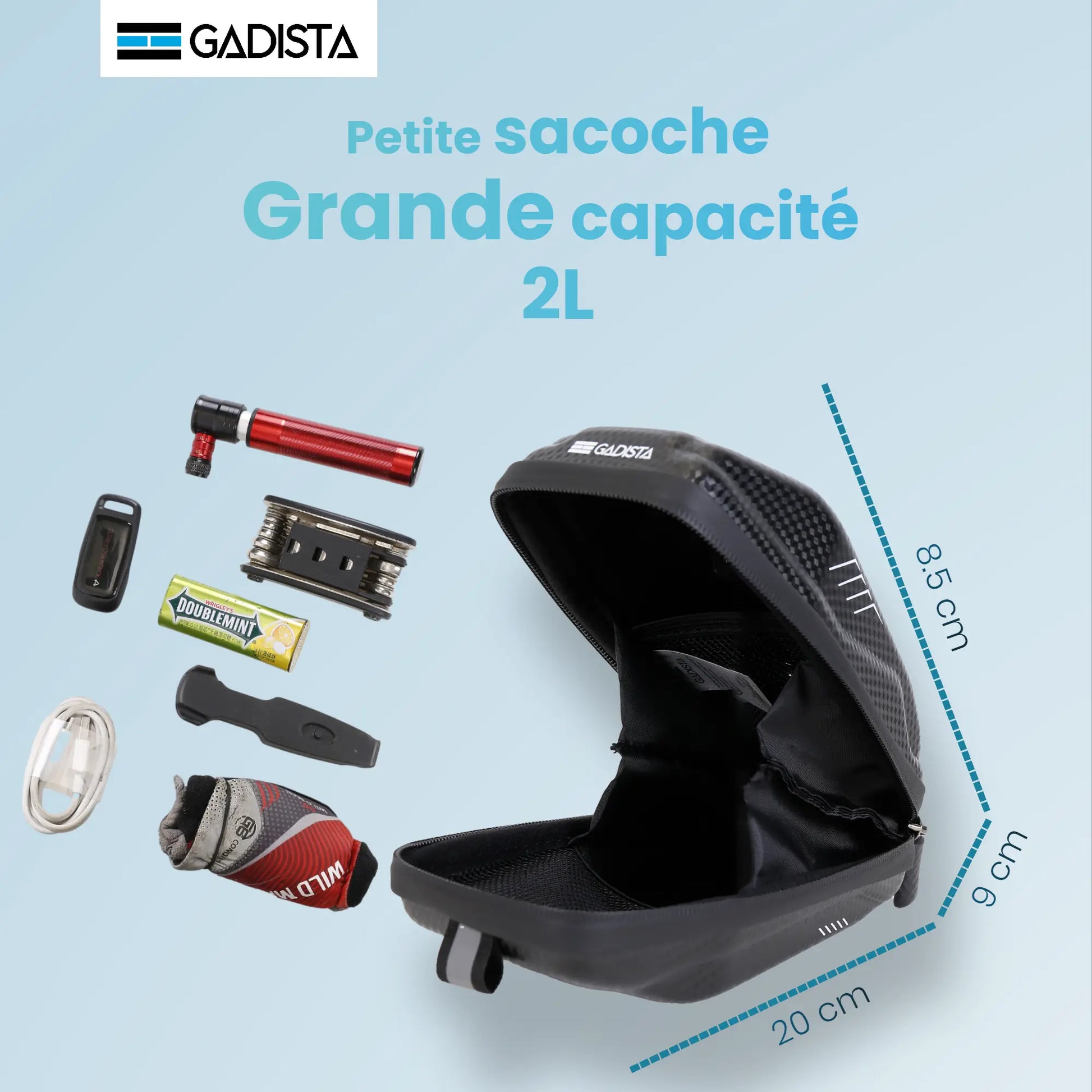Sacoche Selle Velo Etanche 2L à dégagement Rapide. Rangement vélo Coque Rigide GADISTA