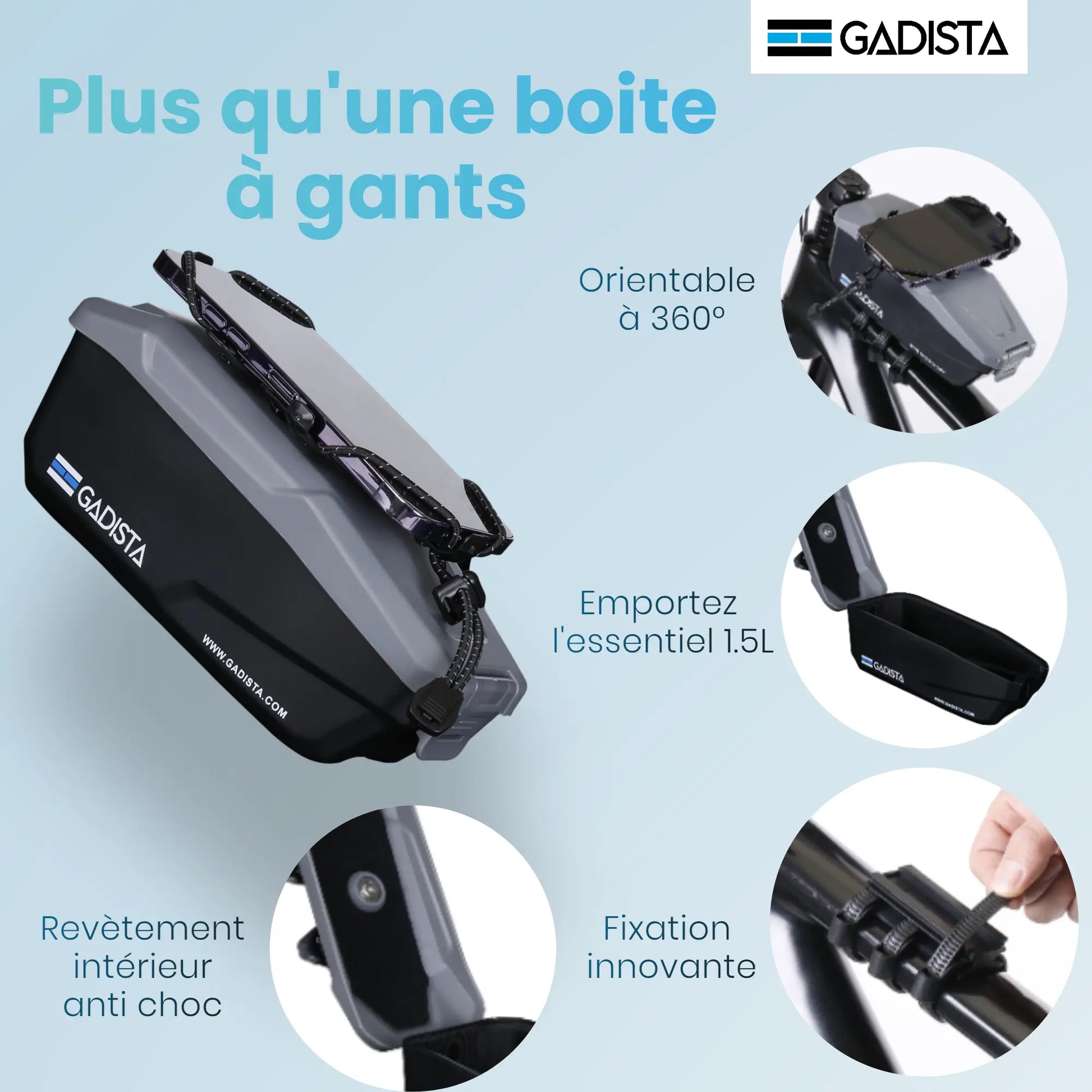 Support telephone velo 7 pouces avec Boîte à Gants Intégrée, Rotation 360° GADISTA