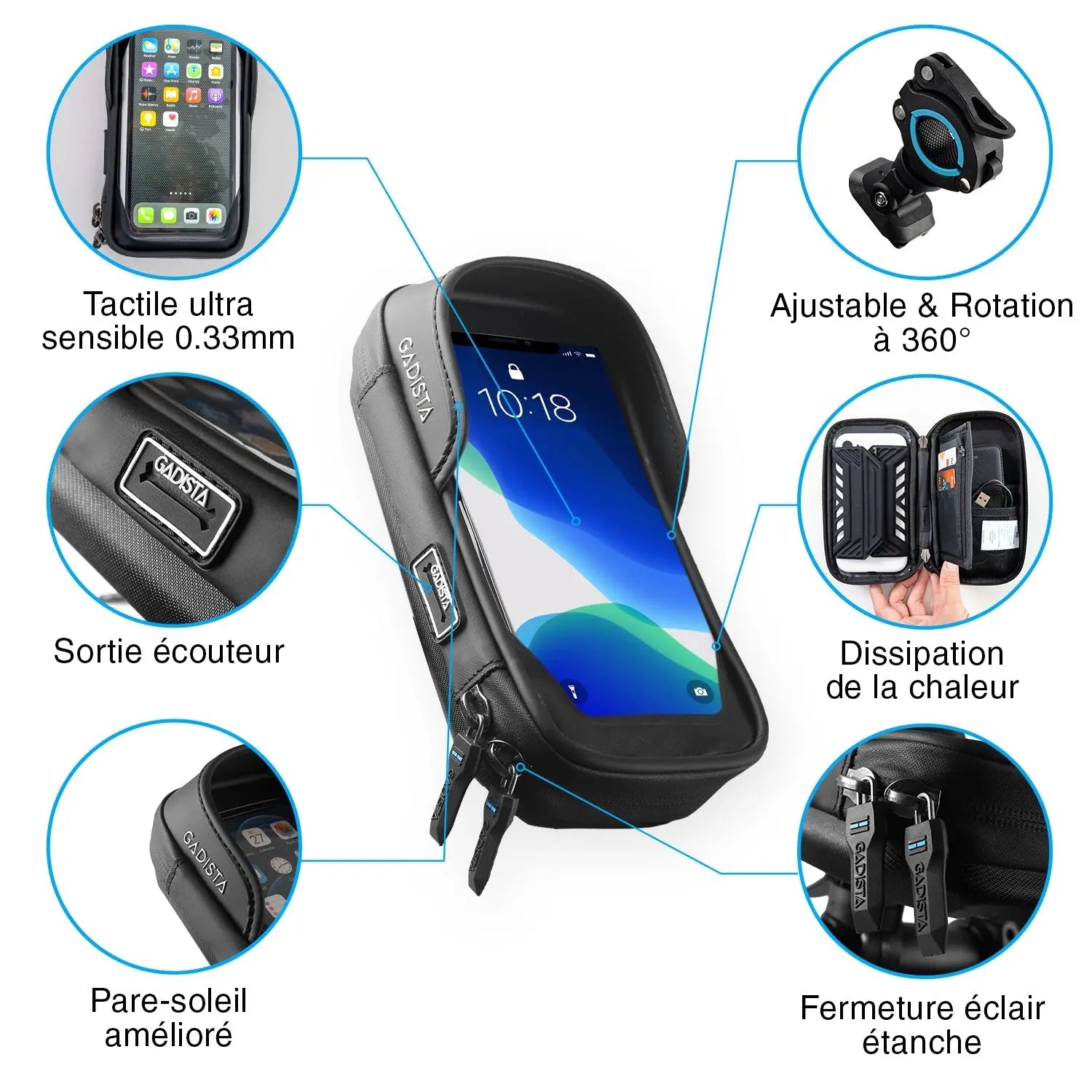 Fixation pour support Telephone Velo/Moto/Trottinette étanche avec Housse de Pluie Transparente et Une Fixation innovante. GADISTA