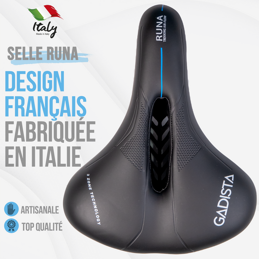 Selle velo RUNA ultra confortable fait mains en ITALIE avec technologie brevetée 3ZONES, usage VTT, ville ou  Randonnée.